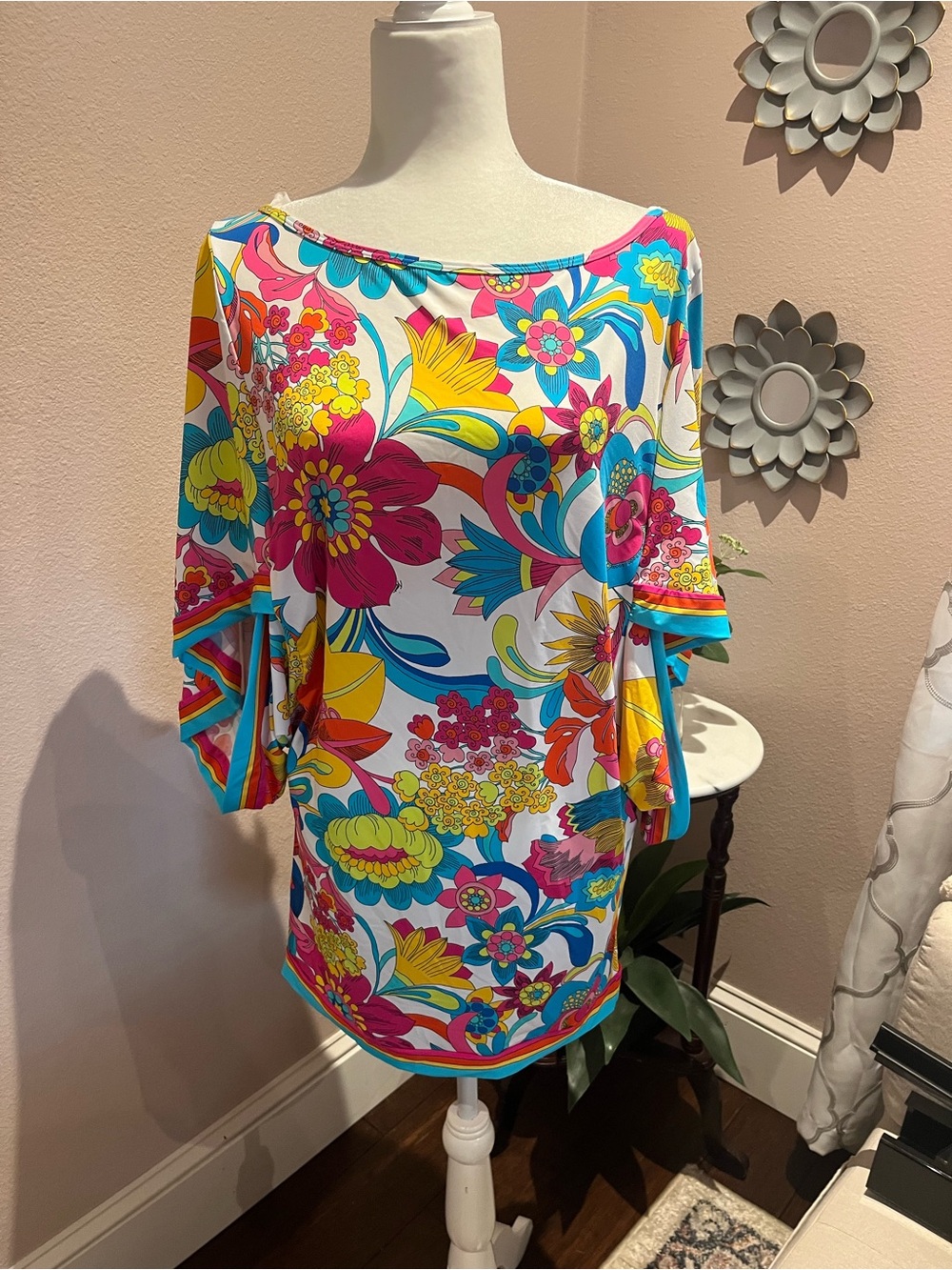 Trina Turk White Floral Scoopneck Dress and pants with Bright Multicolor Blooms